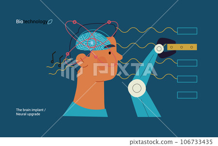 Bio Technology, Brain implant, Neural upgrade -modern flat vector concept illustration of brain implant, integration, enhanced cognitive abilities. Pushing boundaries of potential, neural upgrades 106733435