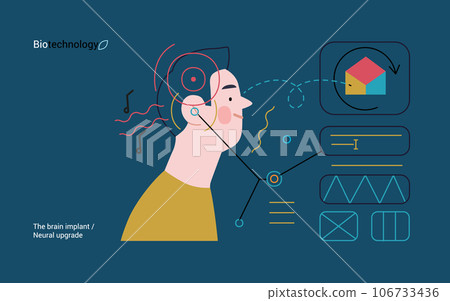 Bio Technology, Brain implant, Neural upgrade -modern flat vector concept illustration of brain implant, integration, enhanced cognitive abilities. Pushing boundaries of potential, neural upgrades 106733436