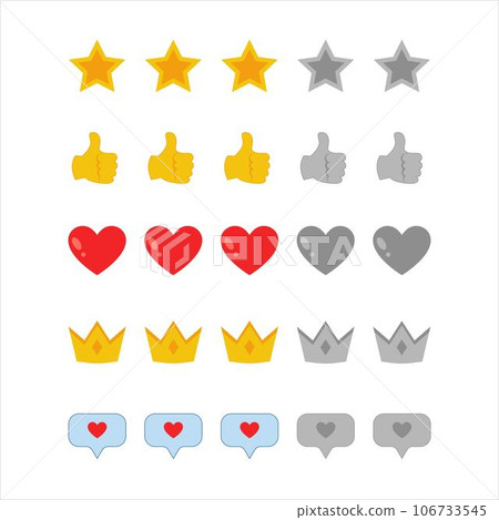 Rating icons. Vector set of symbols in a simple flat style for assessing the quality of products and services. A set of elements such as stars, hearts, crowns, big thumbs up. Rating icons. Vector set of symbols in a simple flat style for assessing the quality of products and services. A set of elements such as stars, hearts, crowns, big thumbs up. 106733545