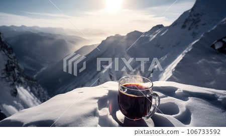 Glass of hot red wine close-up, background of snow-capped ski peaks of mountains. AI generated. 106733592