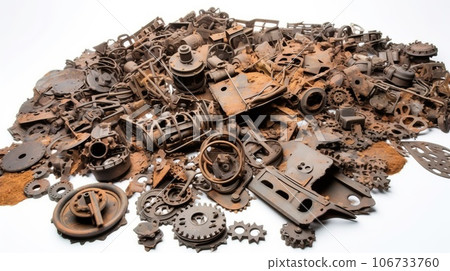 The concept of a world without war. Old rusty scrap metal military equipment in a pile, white isolate background. The concept of a world without war. Old rusty scrap metal military equipment in a pile, white isolate background. 106733760