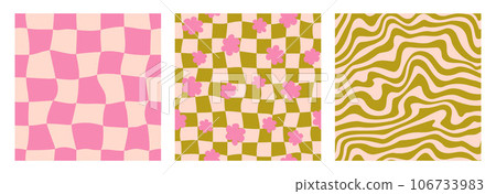 Groovy seamless background set. Repeating retro wave, daisies and checkered pattern collection. Vintage psychedelic checkerboard wallpapers. Distorted pink and green backdrop in 60s, 70s style. Vector 106733983