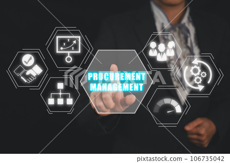 Procurement management concept, Businesswoman hand touching procurement management icon on virtual screen. Procurement management concept, Businesswoman hand touching procurement management icon on virtual screen. 106735042