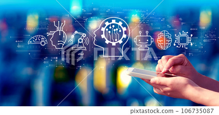 Future technology concept with person using a smartphone at night Future technology concept with person using a smartphone at night 106735087