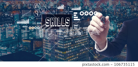Skills theme with businessman in city at night Skills theme with businessman in city at night 106735115