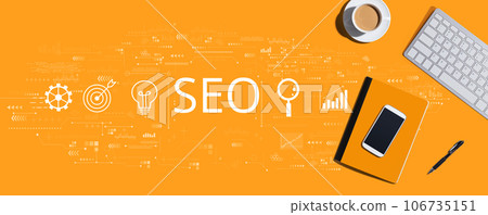 SEO concept with computer keyboard and office items 106735151