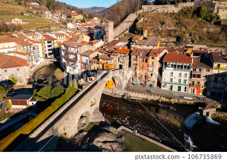 Drone view of the ancient city of Camprodon Drone view of the ancient city of Camprodon 106735869