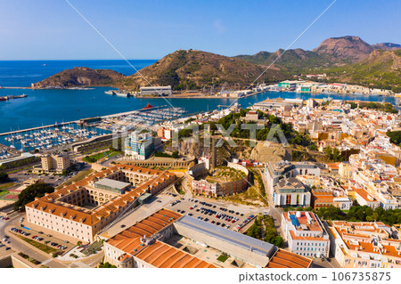Aerial view of Cartagena port city with buildings and coast line, Murcia 106735875