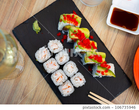 Sushi set of makizushi with shrimp and uramaki with salmon 106735946