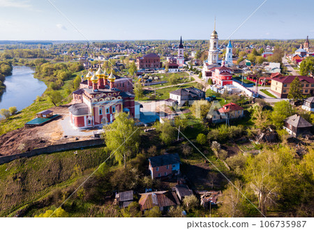 Panoramic aerial view of district of Belev on riverside, Tula region Panoramic aerial view of district of Belev on riverside, Tula region 106735987