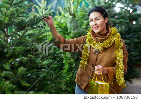 Woman customer buying fir tree at Christmas market 106736150