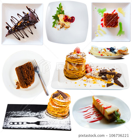 Collage of delicious desserts on a white background Collage of delicious desserts on a white background 106736221