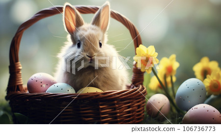 Easter bunny, eggs and spring flowers background banner AI image Easter bunny, eggs and spring flowers background banner AI image 106736773
