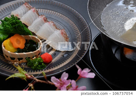 Shabu-shabu with cherry blossom sea bream, seasonal vegetables, and new young sprouts Shabu-shabu with cherry blossom sea bream, seasonal vegetables, and new young sprouts 106737054