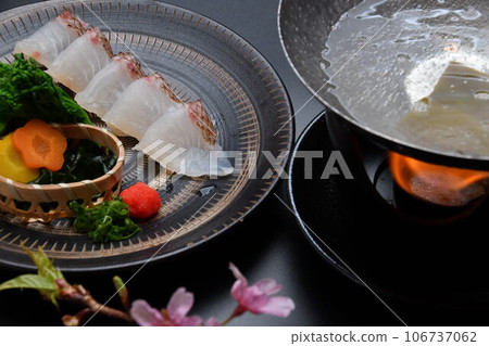 Shabu-shabu with cherry blossom sea bream, seasonal vegetables, and new young sprouts Shabu-shabu with cherry blossom sea bream, seasonal vegetables, and new young sprouts 106737062