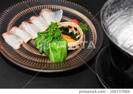 Shabu-shabu with cherry blossom sea bream, seasonal vegetables, and new young sprouts Shabu-shabu with cherry blossom sea bream, seasonal vegetables, and new young sprouts 106737066