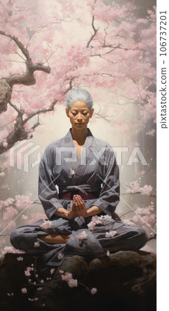 A gray-haired Asian woman in a kimono prays under flowering tree. Generative AI  106737201