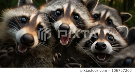 Cute and funny raccoons look into camera lens. Generative AI Cute and funny raccoons look into camera lens. Generative AI 106737203