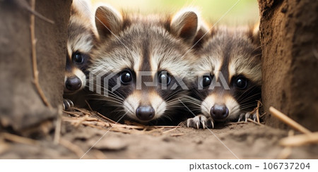 lot of funny raccoons in the autumn forest. Animal world. Generative AI lot of funny raccoons in the autumn forest. Animal world. Generative AI 106737204
