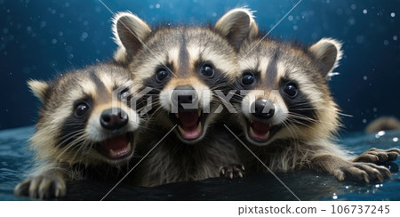 Cute and funny raccoons look into camera lens. Generative AI Cute and funny raccoons look into camera lens. Generative AI 106737245