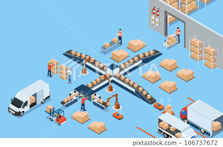 Smart Warehouse Technology and Automated Warehouse Robots Concept with Industry 4.0, Warehouse Automation System and Autonomous Robot Transportation operation service. Vector illustration EPS 10 106737672