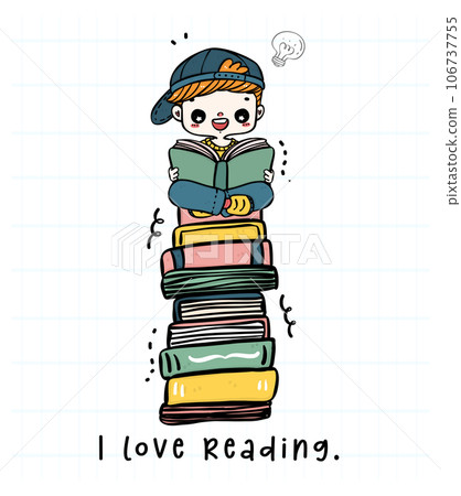 Excited Student boy Reading Book on Stack of Books. Back to School Illustration 106737755