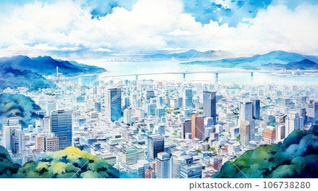 Watercolor illustration of a city by the sea "AI generated image" 106738280