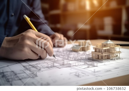 Architects concept, engineer architect designer freelance work on start-up project drawing 106738632