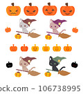 Halloween - Illustration of a wizard cat riding a magic broom and a jack-o-lantern (pumpkin ghost) Halloween - Illustration of a wizard cat riding a magic broom and a jack-o-lantern (pumpkin ghost) 106738995