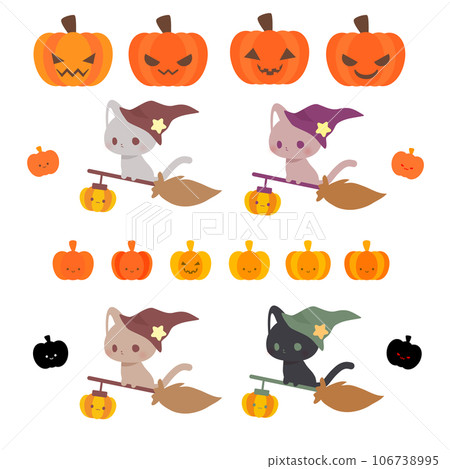 Halloween - Illustration of a wizard cat riding a magic broom and a jack-o-lantern (pumpkin ghost) 106738995