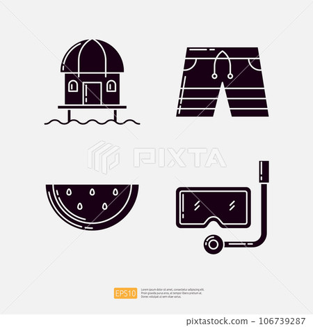 Beach Cottage House, Swimming Trunks Sport Shorts, Watermelon Vegetable and Fruit, Snorkeling Mask. Summer Vacation Solid Glyph Icon Vector Illustration set 106739287