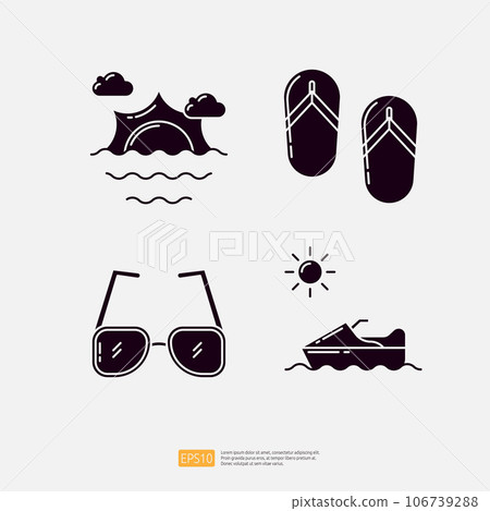 Beach Sunrise or Sunshine, Flip Flop Sandal, Sunglasses, Jet Ski. Summer Vacation Solid Glyph Icon Vector Illustration set 106739288