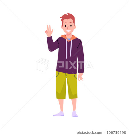 Friendly teenager in hoodies and breeches, smart student shows a hand gesture everything is ok, vector happy youth time Friendly teenager in hoodies and breeches, smart student shows a hand gesture everything is ok, vector happy youth time 106739398