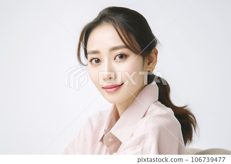 一個微笑的女人的肖像 看著相機 白色背景 AI 生成的圖像 生成 AI 106739477