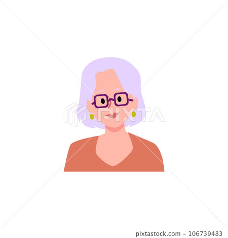 Portrait of an old woman with eyeglasses, vector cartoon avatar housewife pensioner, gray-haired mother, grandmother Portrait of an old woman with eyeglasses, vector cartoon avatar housewife pensioner, gray-haired mother, grandmother 106739483