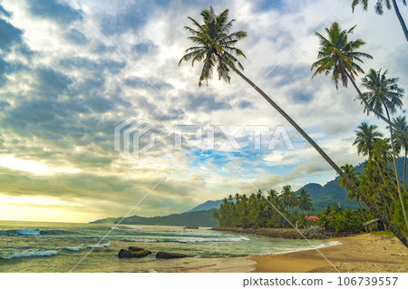 Sawang Indah Beach, Tapaktuan, Aceh. Serene coastal paradise with swaying palm trees, pristine sands, and captivating ocean views. 106739557