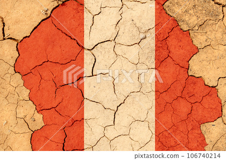 Ecological concept. Drought. On dry, cracked ground, the image of the flag of Peru. Ecological concept. Drought. On dry, cracked ground, the image of the flag of Peru. 106740214