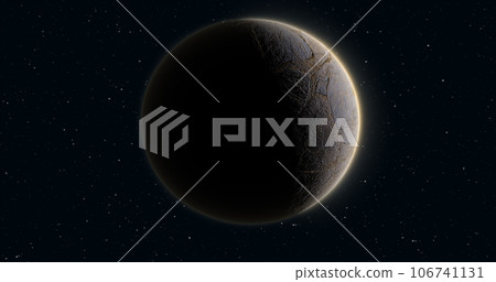 Abstract realistic space planet round sphere with a stone relief surface in space against the background of stars 106741131