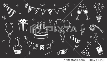 Birthday doodle icon element on chalkboard background. Hand drawn sketch doodle birthday cake, balloon, event decoration element. Party, carnival celebration concept background. Vector 106741450