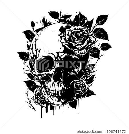 Skull With Rose Flower Black Outline Vector. Human skull with rose sketch drawing, tattoo vector illustration isolated on white background	 106741572