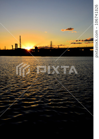 Evening view of Hamadera Channel seen from Hamadera Park, Osaka 106741826