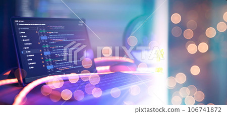 Monitor closeup of function source code. Abstract IT technology background. Software source code. 106741872