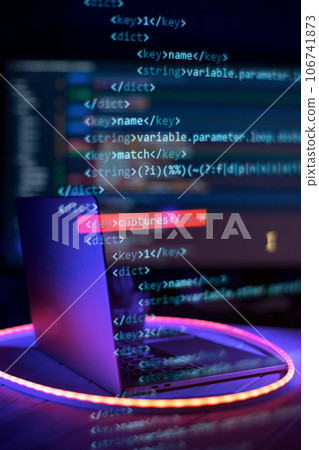 SEO optimization. Modern tech. PHP syntax highlighted. Writing programming functions on laptop. Big data and Internet of things trend. 106741873