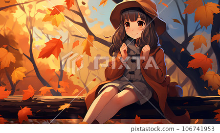 手绘卡通唯美的秋天里的女孩插画 106741953