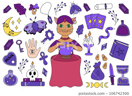 Magic and esoteric set. Cat fortune teller. Reading the future. Magic ball, Ank, moth, card tarot, snake, candle, skull, potion bottle, Ouija, runes, crystals, hourglass. Vector flat illustration. 106742300