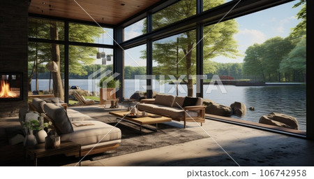 Living room with large glass windows. AI-generated content. 106742958
