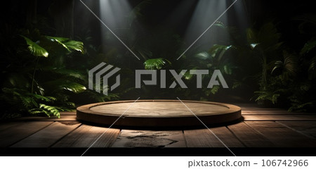 Wooden platform in a dark environment with sunlight, There is space to place products. AI-generated content. 106742966