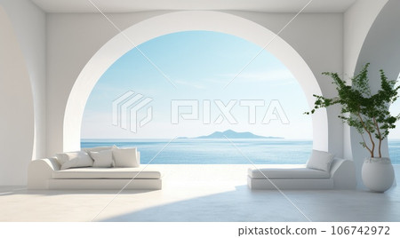 Empty living room with a dark couch. AI-generated content. Empty living room with a dark couch. AI-generated content. 106742972