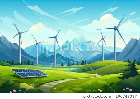 Solar panels, wind turbines and grass in front of mountains. AI-generated content. Solar panels, wind turbines and grass in front of mountains. AI-generated content. 106743087