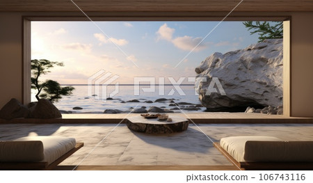 View from an oceanside living room. AI-generated content. 106743116